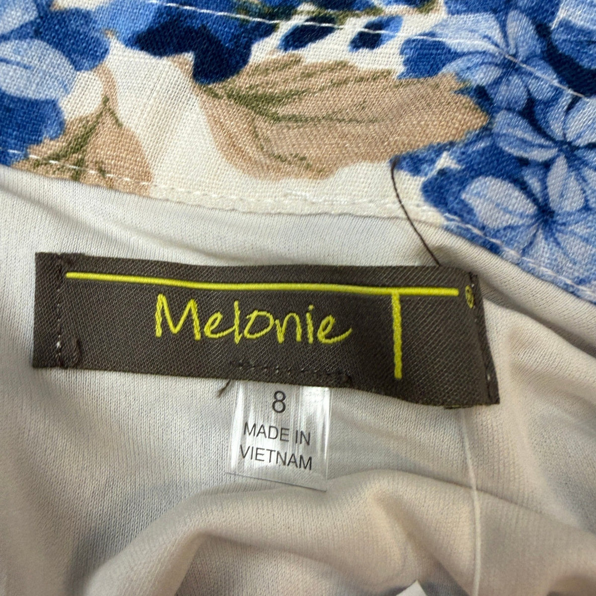 MSRP $89 Melonie T Womens 8 Ivory/Blue Floral Belted Midi Shirt Dress Short