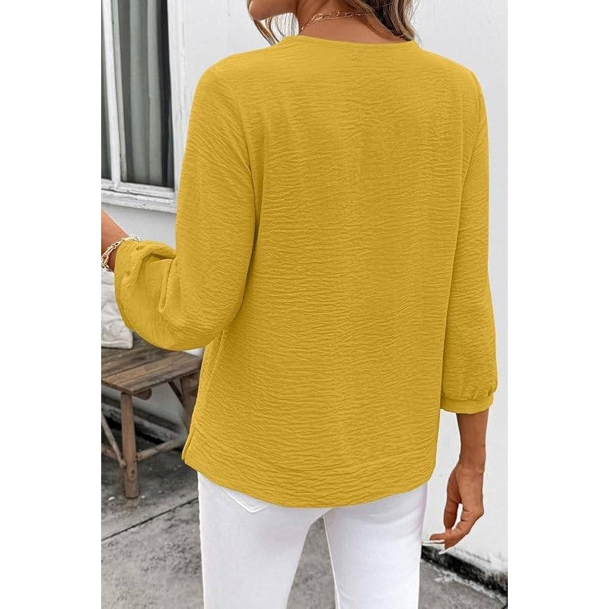 MSRP $18 SHEWIN Women's XL Smocked Neck Top 3/4 Sleeve Loose Fit Shirt Yellow