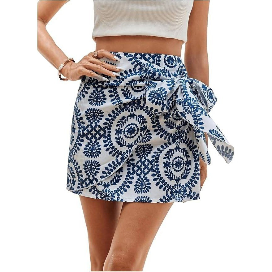 WDIRARA Women's M Allover Print Knot Side High Waist Wrap Mini Skirt Zipper Ba