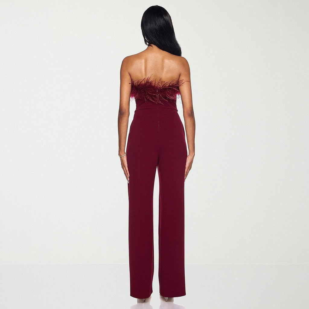 MSRP $120 Premier Amour Womens 14 Burgundy Strapless Jumpsuit Faux-Feather Trim