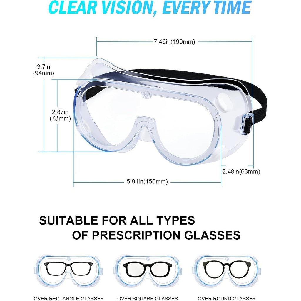 Pack of 2 Safety Goggles Over Glasses, Clear Anti Fog Protective Adjustable El