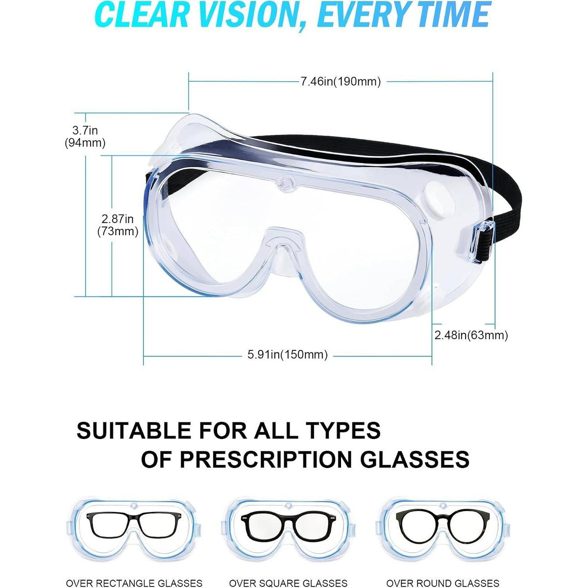 Pack of 2 Safety Goggles Over Glasses, Clear Anti Fog Protective Adjustable El