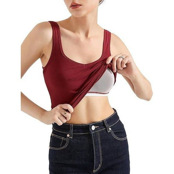 MSRP $13 SUUKSESS Women's Wine Red S Cotton Ribbed Built in Bra Tank Tops Shirt