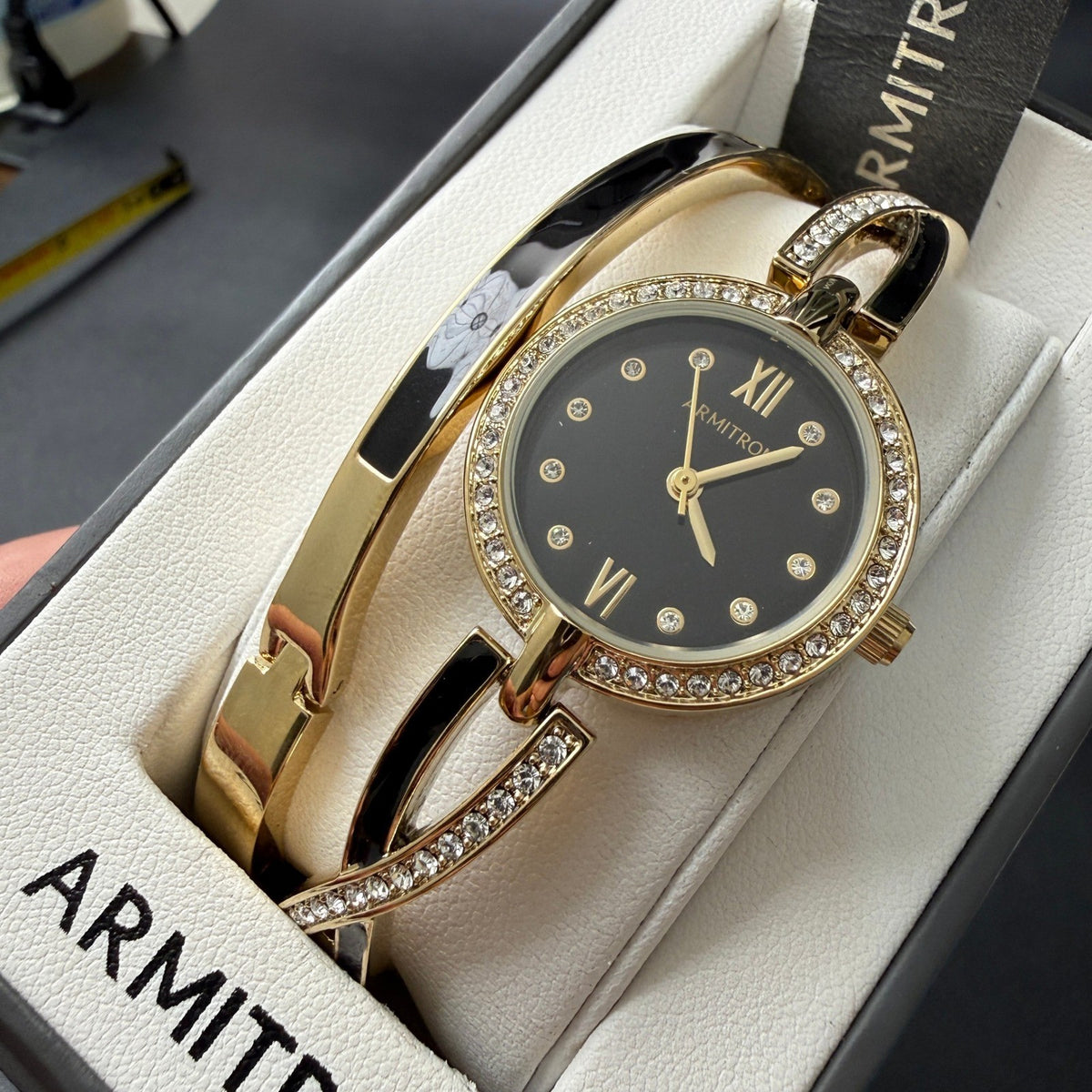 MSRP $85 Armitron 75/5720 Women's Gold/Black Tone Watch and Bracelet Set New B