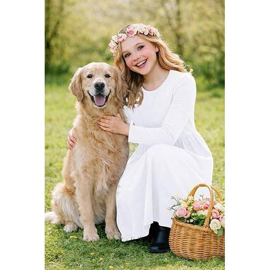 MSRP $26 Deerose Girls White 2XL 13-14Y Summer Maxi Dress w/ Pockets Long Sleev
