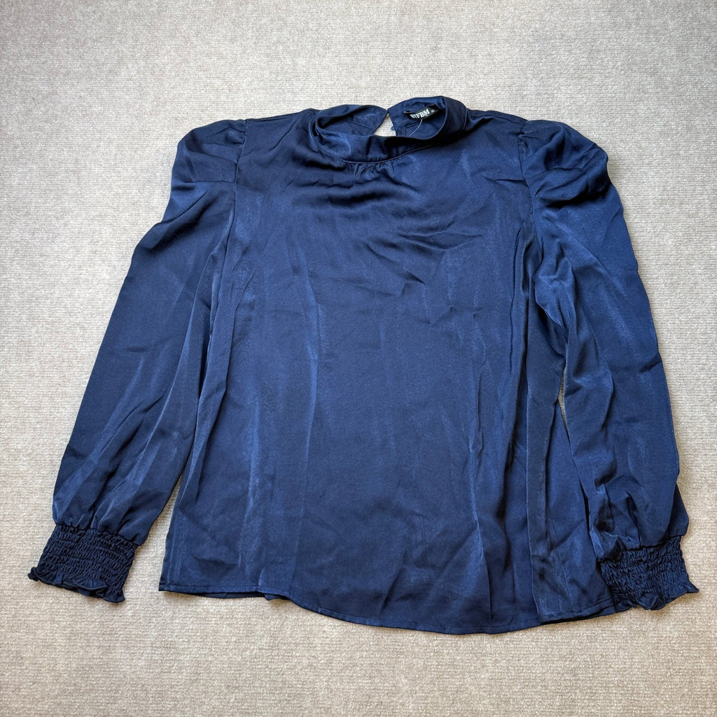 MSRP $23 BTFBM Women's XL Navy High Neck Long Sleeve Satin Blouse Dressy Puff