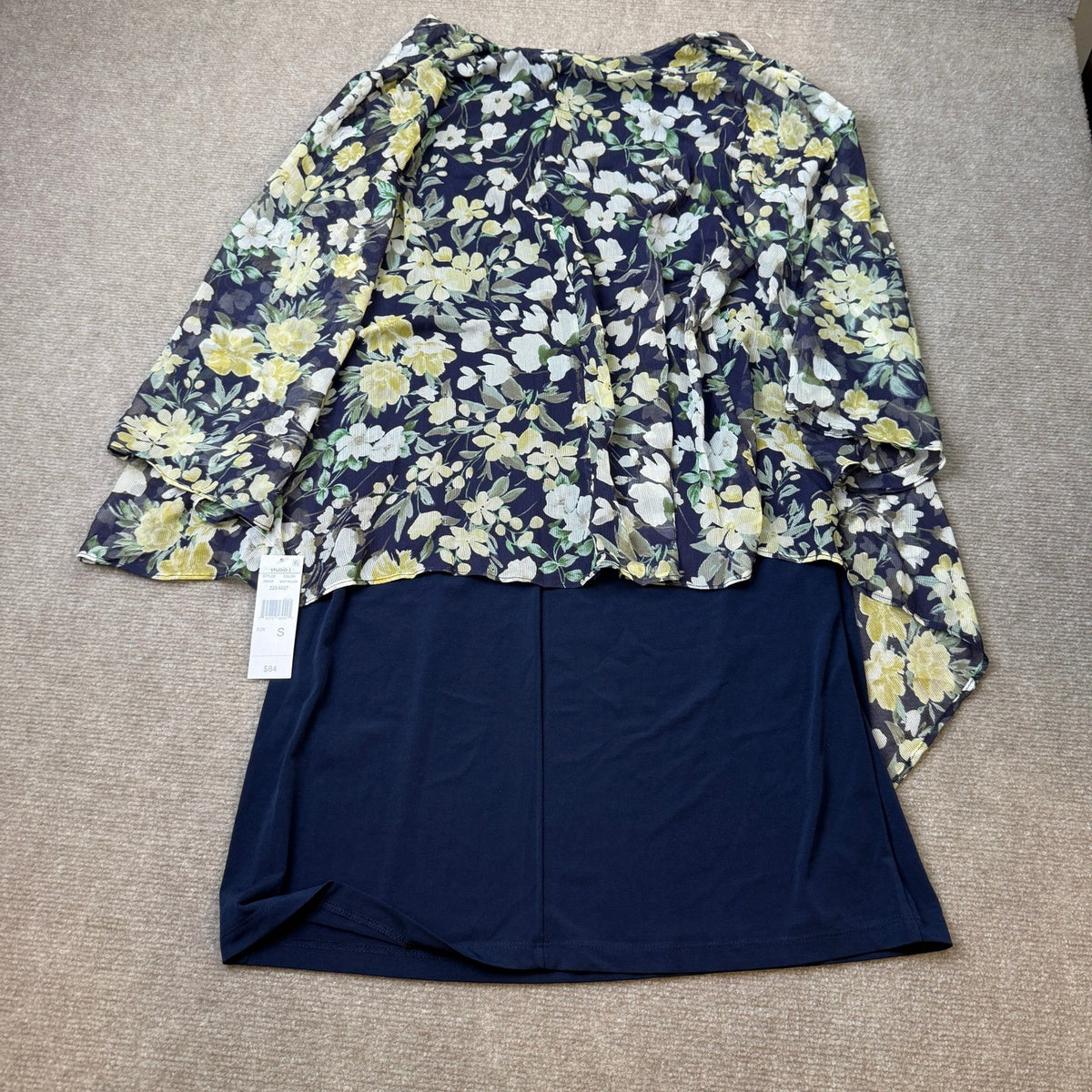MSRP $84 Studio One Women's S Navy Yellow Floral Jacket Dress With Removable