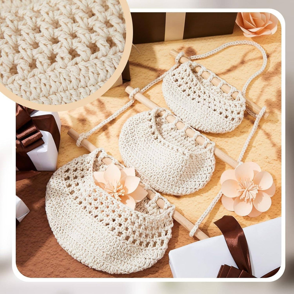 3 Tier Hanging Fruit Basket White Woven Boho Wall Decor Organizer for Kitchen
