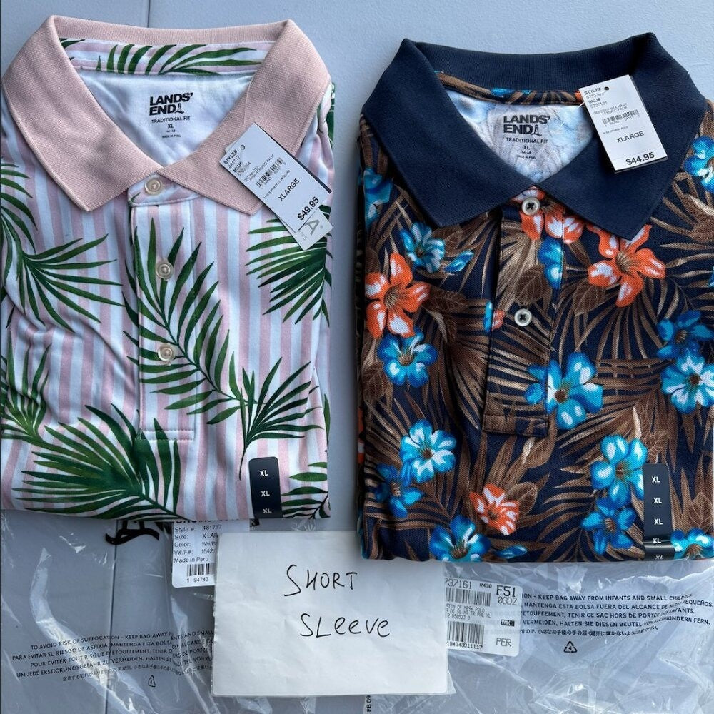 Set of 2 Lands End Polo Men's XL 46-48 Floral Striped Short Sleeve Cotton Shirt