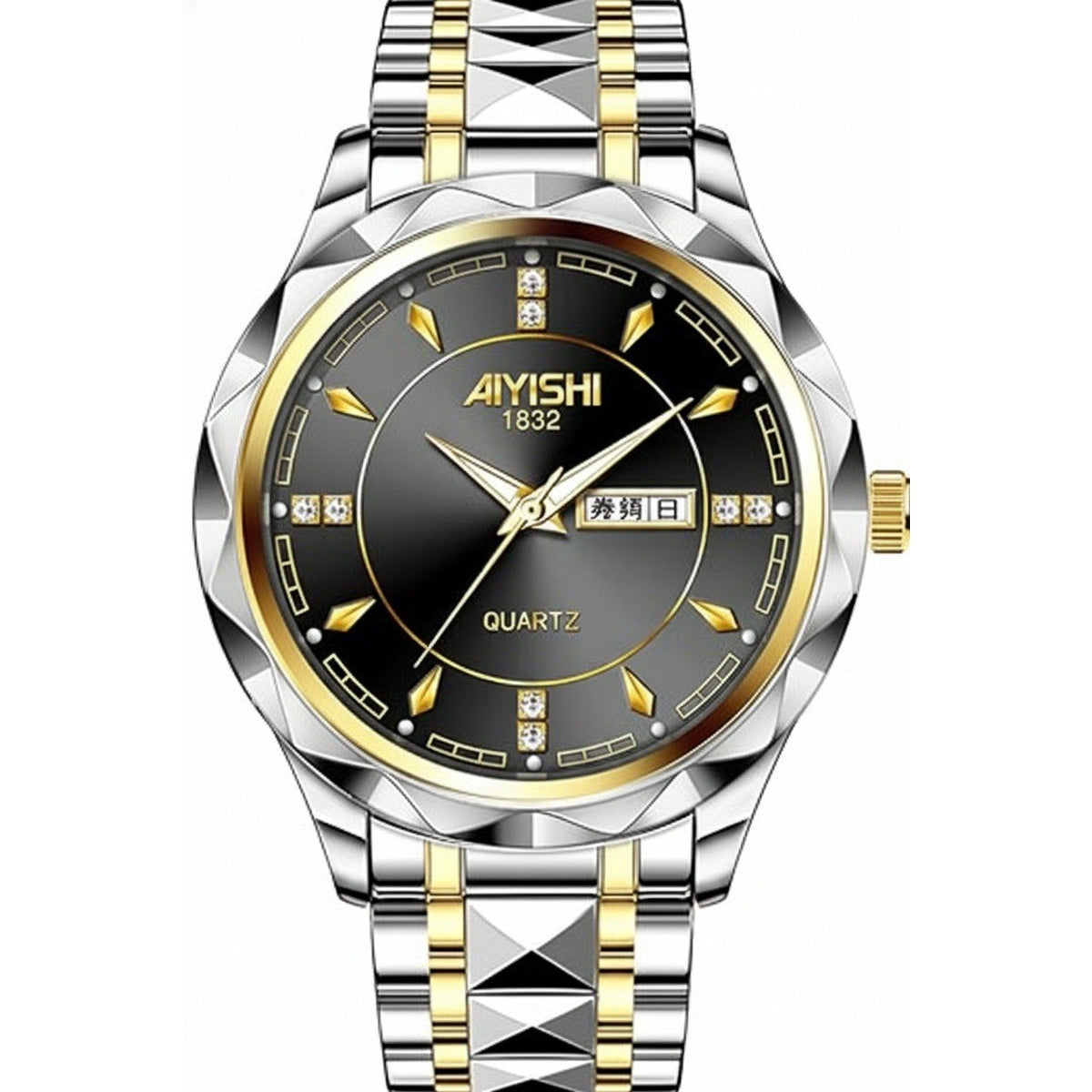 Dofia Xiaoya Aiyishi 1832 Men's Two Tone Stainless Steel Quartz Watch Black Dia