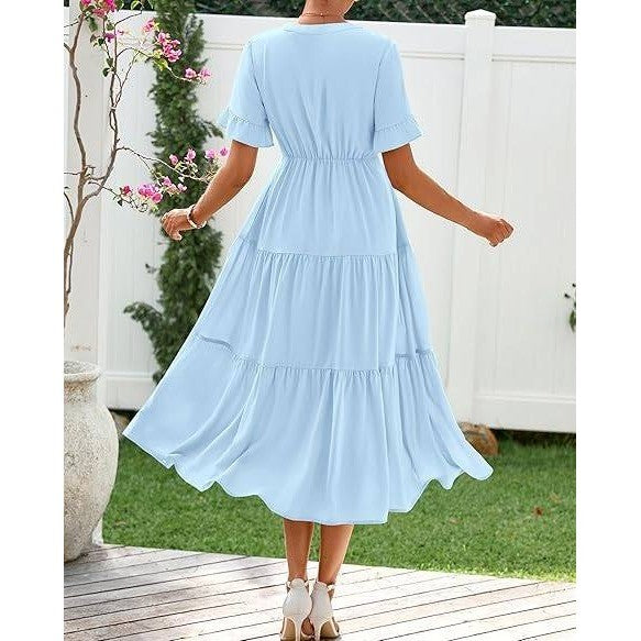 MSRP $26 BTFBM Women's XL Sky Blue Summer Dresses V Neck Loose Short Sleeve