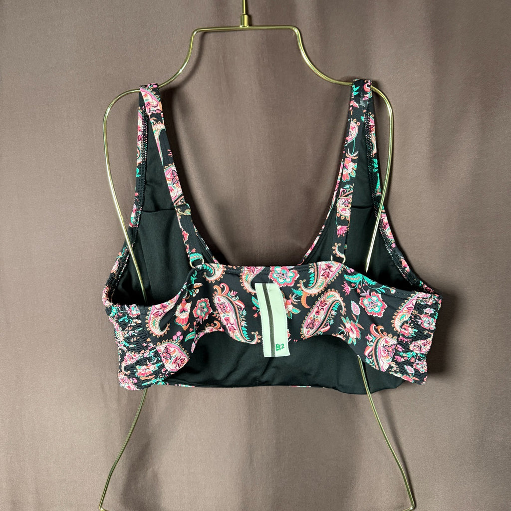 Lands' End Women's L, L LONG Black Paisley V Neck Smocked Bikini Top UPF50 This