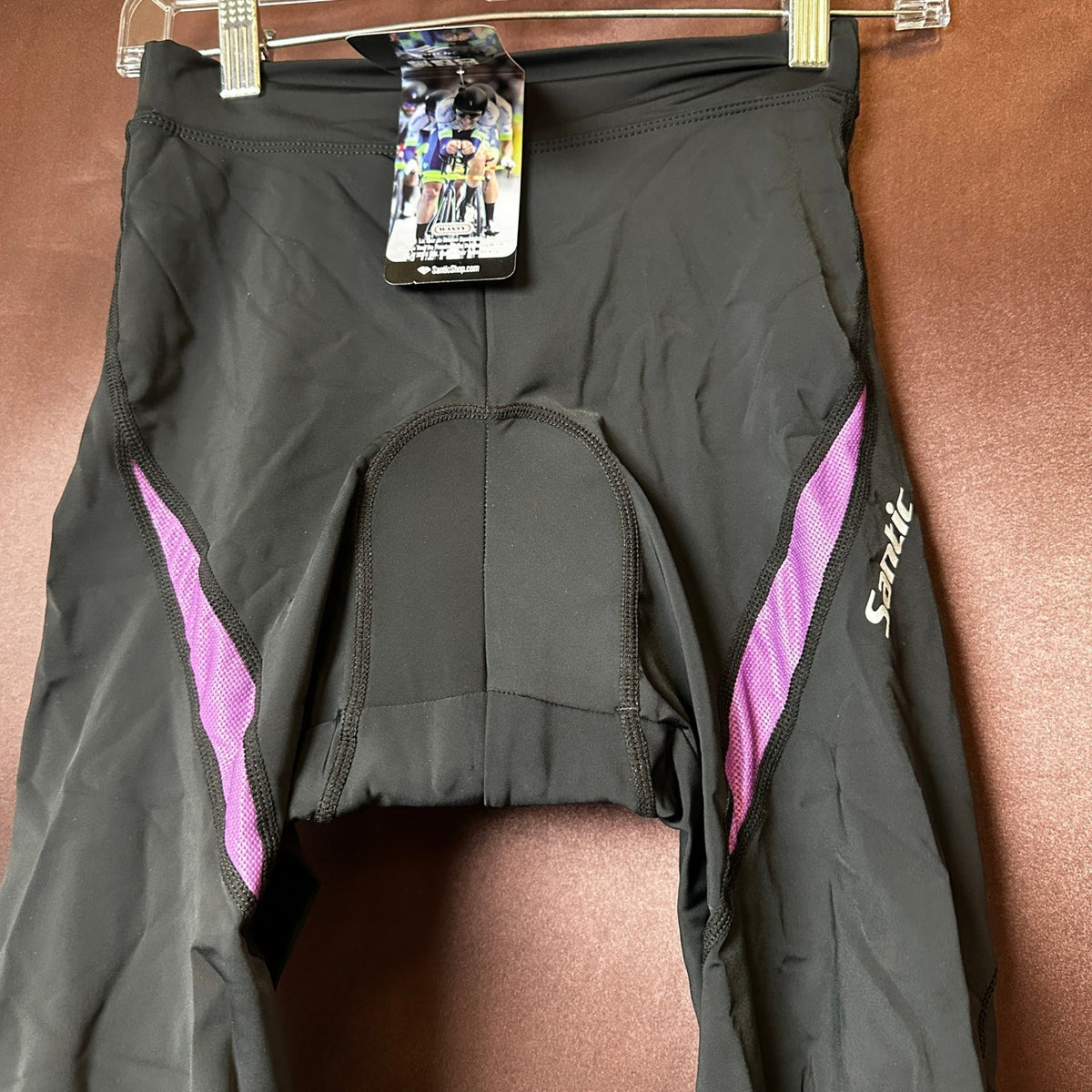 NWT Santic Ao Dai Women's XL Padded 3/4 Cycling Pants Black w/ Purple Straps