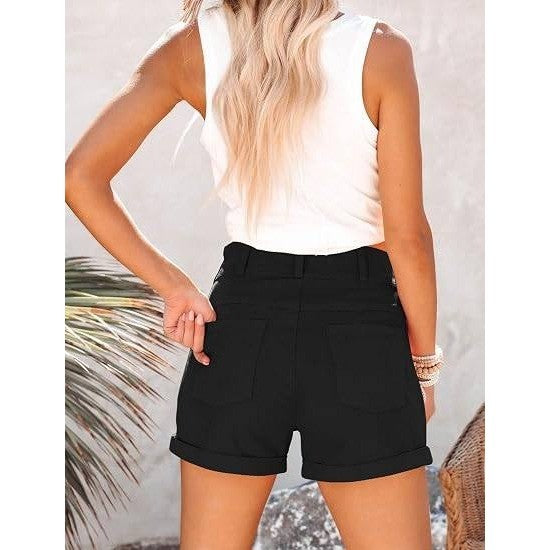 MSRP $39 Hilltichu Womens L Black Relaxed Fit Casual High Waist Denim Shorts