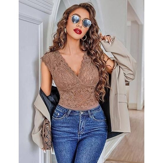 MSRP $26 Avidlove Women's S Brown Lace One Piece Bodysuits Sexy V Neck Sheer