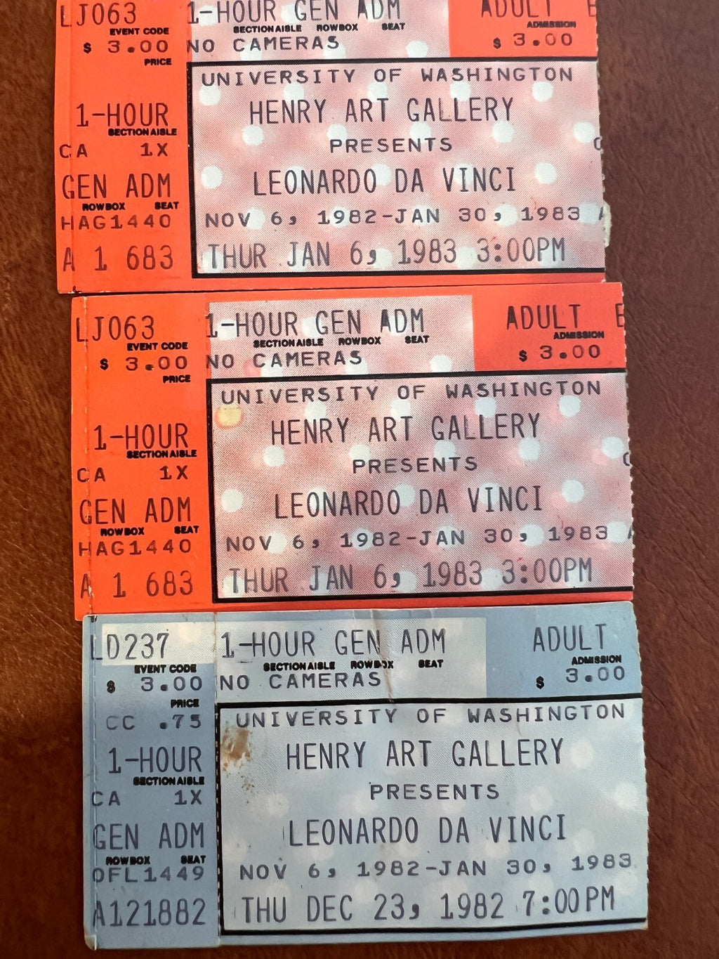 Vintage lot of 3 Henry Art Gallery Leonardo Da Vinci 1982, 1983 Ticket Stubs