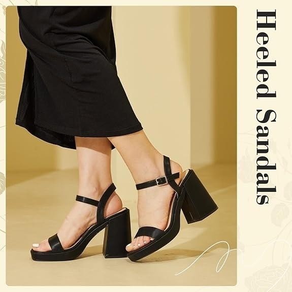Putu Women's Size 7.5 Black Platform Heels Chunky Heeled Sandals Open Toe Dressy
