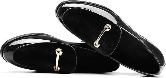 Santimon Men's US 10 Black Casual Smoking Loafers Suede Patent Leather Shoes