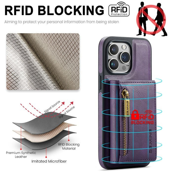 DG.MING M5 For iPhone 15 Pro Max Magnetic Detachable Zipper Wallet Case RFID Blo