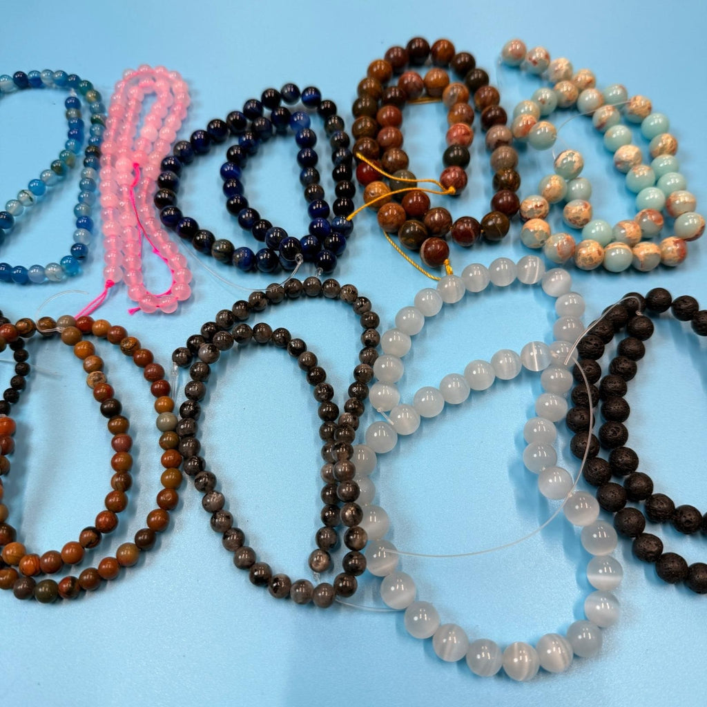 Set of 10 Natural Gemstone Round Beads Strands 15" Sizes 6,8,10 mm 11oz №B25