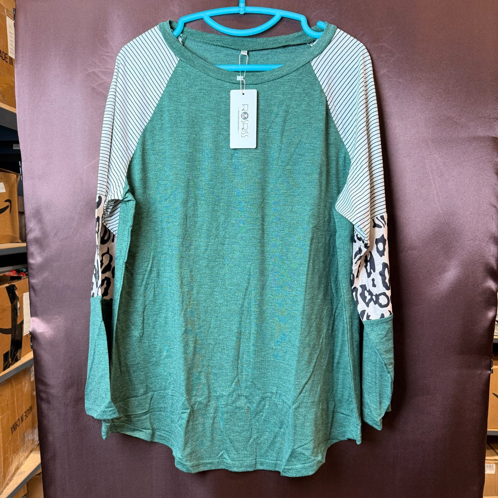 ROSRISS Women's 14W-26W Long Sleeve Top Striped Leopard Print Knotted Tunic Shir