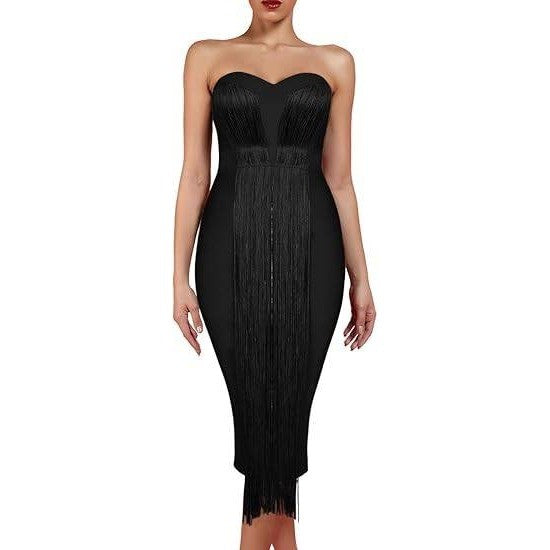 UONBOX Women's XL Black Strapless Elegant Tassel Tube Bodycon Bandage Dress
