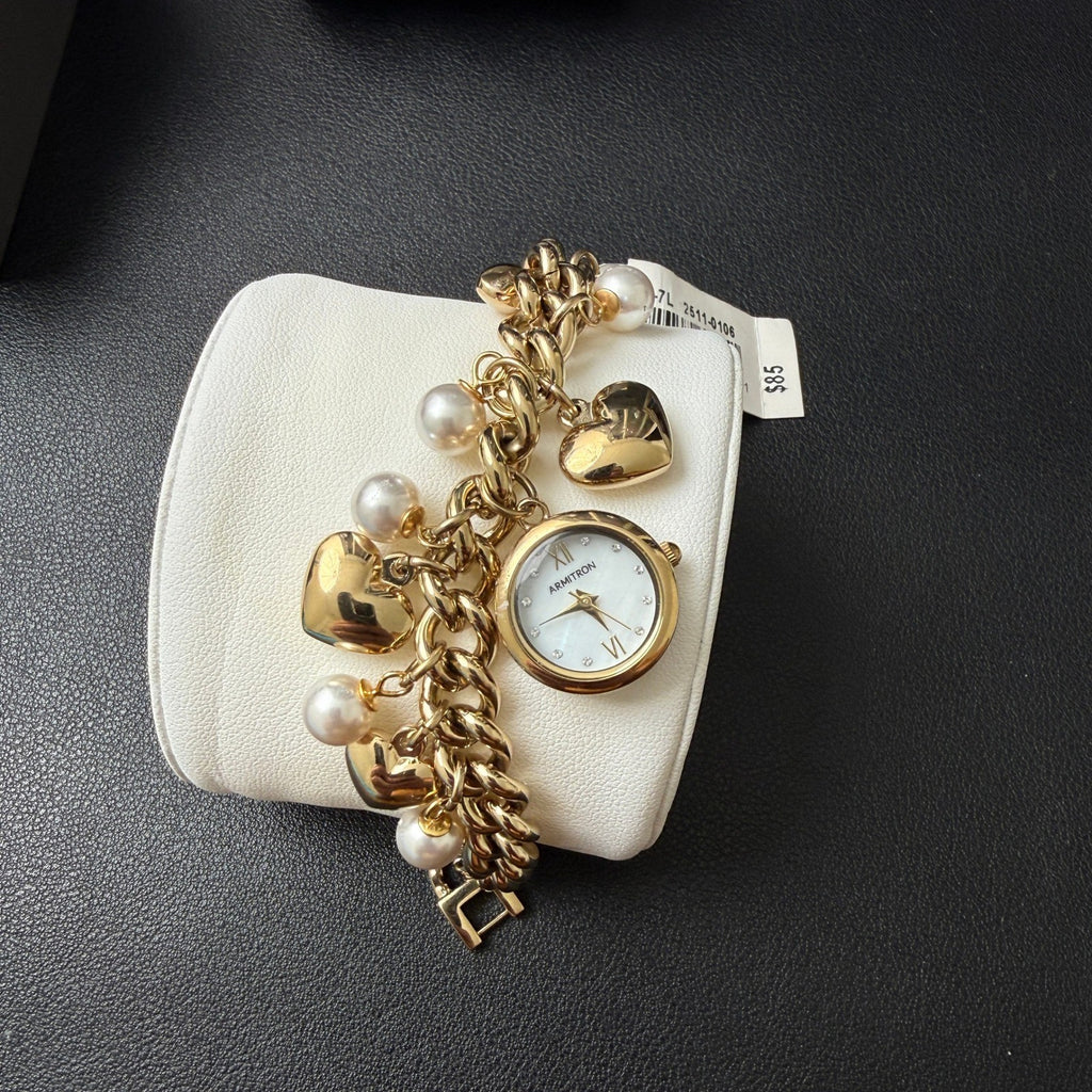 MSRP $85 Armitron 75/5578GP Gold Tone Charm Womens Crystal Bracelet Watch New