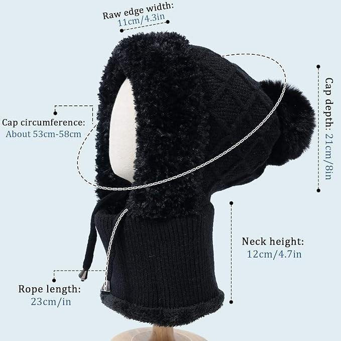 HAIMEIKANG Black Balaclava Ski Hat Wind-Resistant Hat Cap Scarf for Women