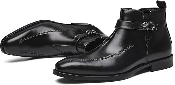 Santimon Men's US 7.5, 12 Black Leather Buckle Strap Zipper Ankle Dress Boots