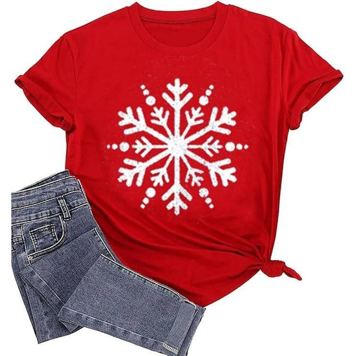 Wlizszu Women's XL Christmas T-Shirt Cute Snowflake Graphic Holiday Shirt Short