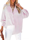 Women's S-2XL Pink Striped Blouse Mid-Length Smocked Shirt, Striped Lapel, Overs