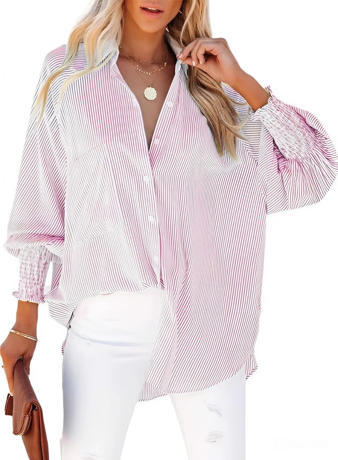 Women's S-2XL Pink Striped Blouse Mid-Length Smocked Shirt, Striped Lapel, Overs