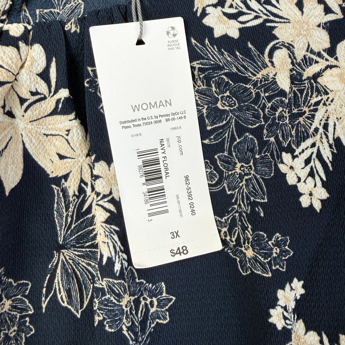 MSRP $48 Liz Claiborne Womens 3X Navy Floral Short Sleeve Blouse Round Neck