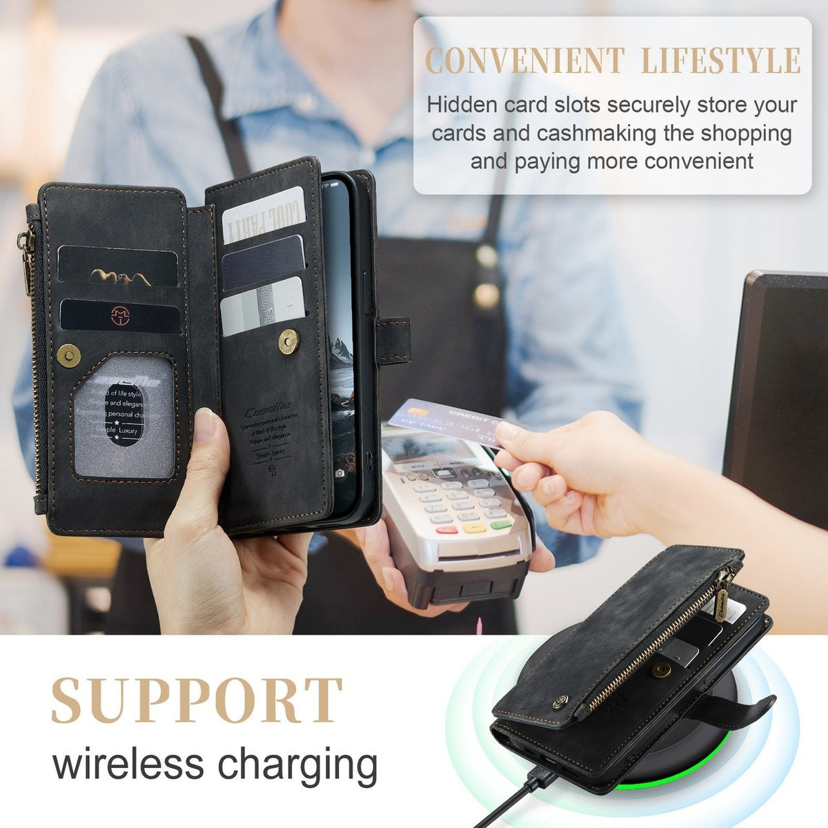 CaseMe C30 For iPhone 15 Pro Max Multifunctional PU Leather Phone Case