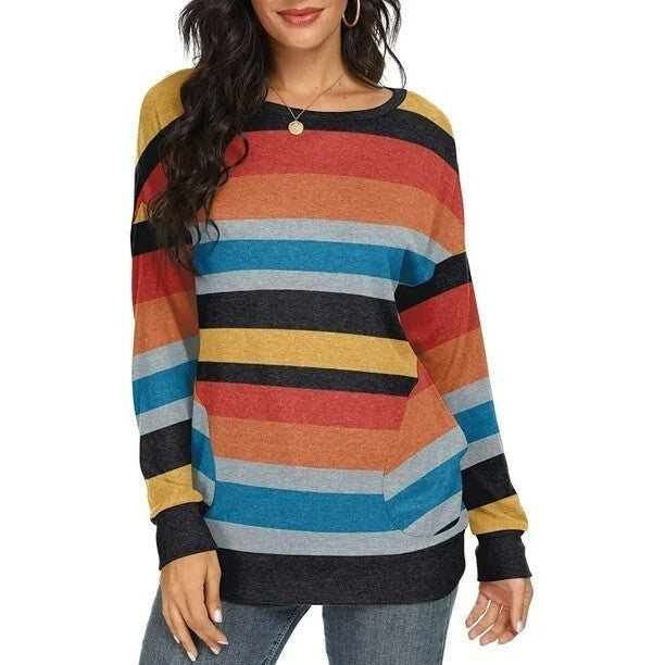 JuneFish Women's 18W Striped Long Sleeve Shirt Casual Top Loose Tunic