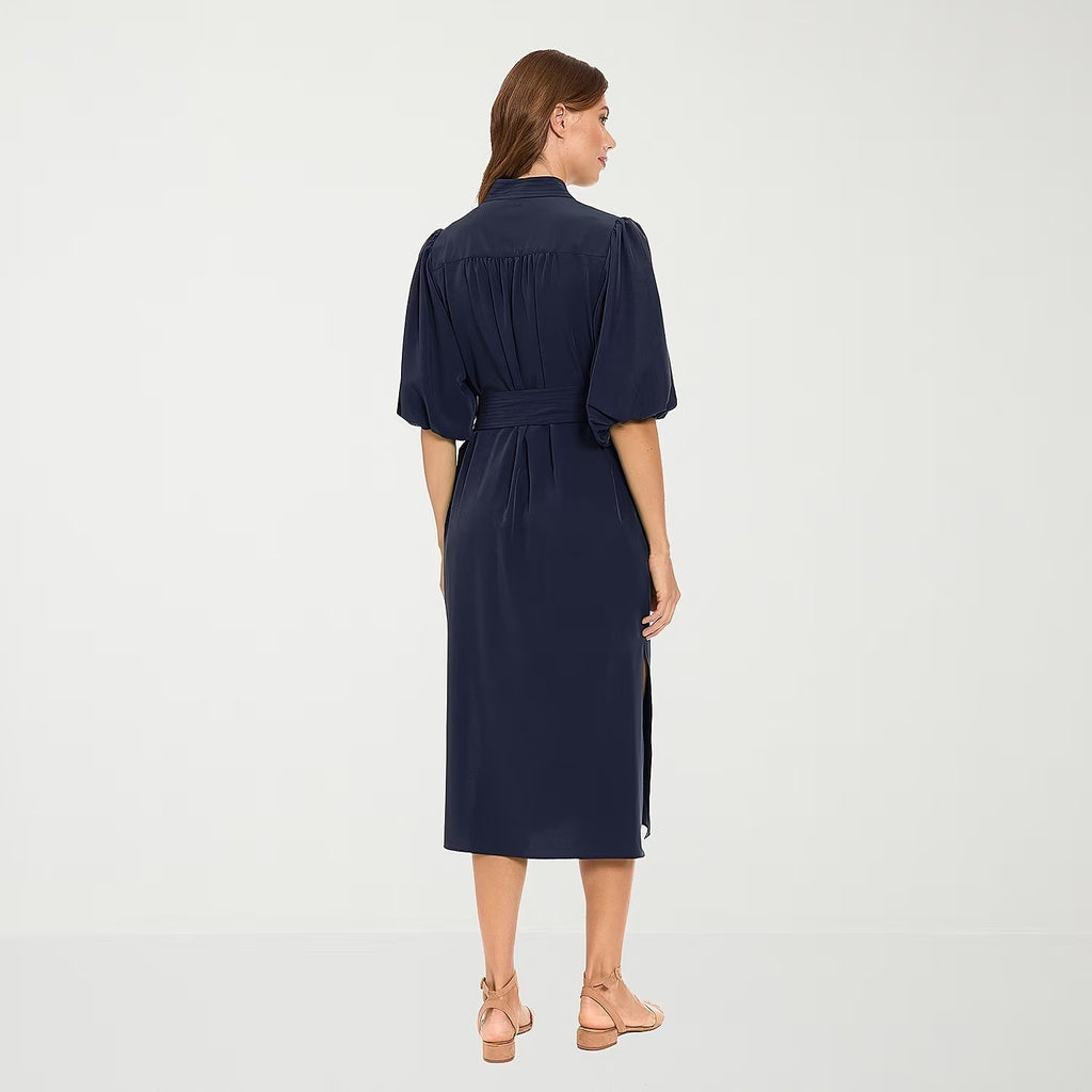 MSRP $89 London Times Womens L Navy Midi V Neck Elbow Sleeve Shift Dress
