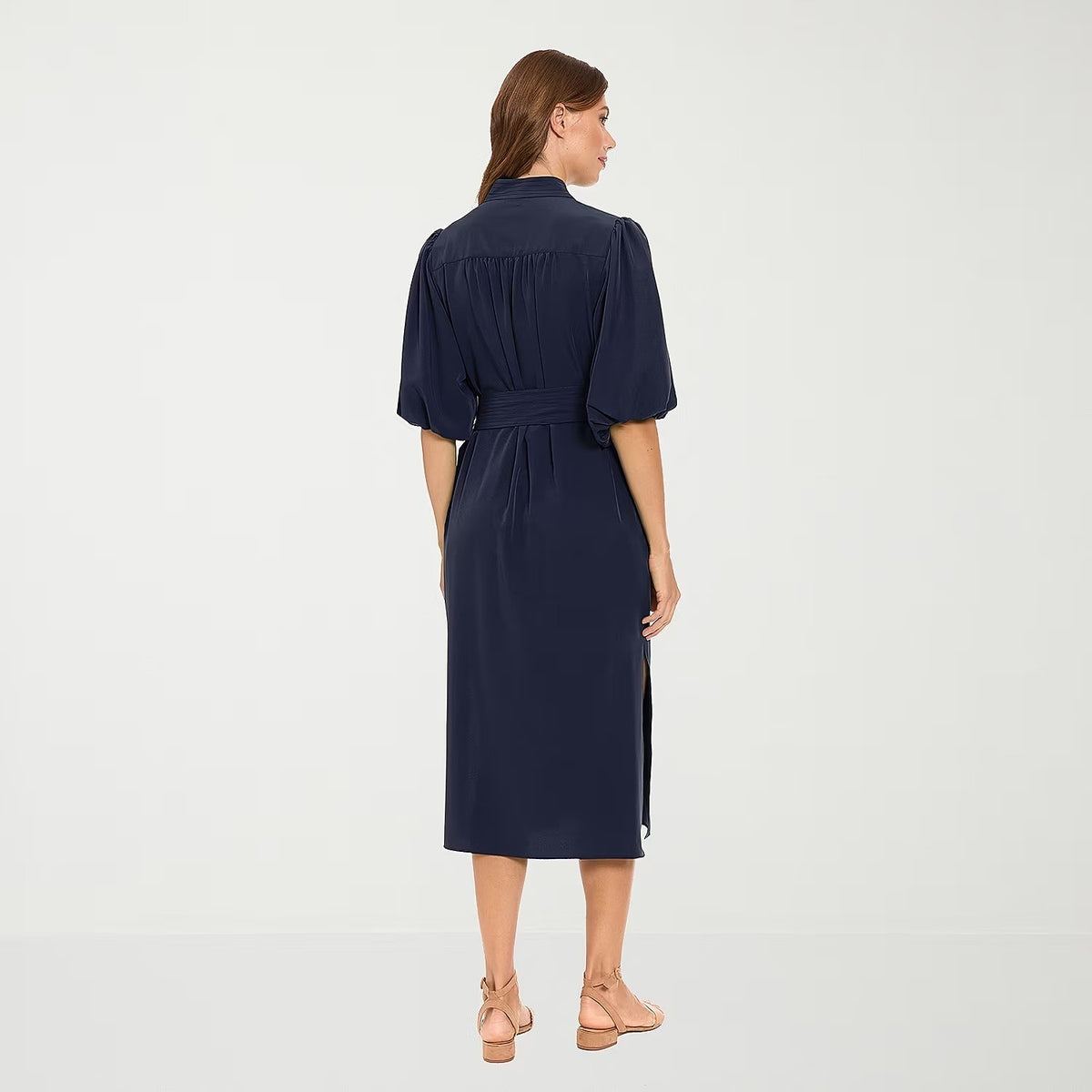 MSRP $89 London Times Womens L Navy Midi V Neck Elbow Sleeve Shift Dress