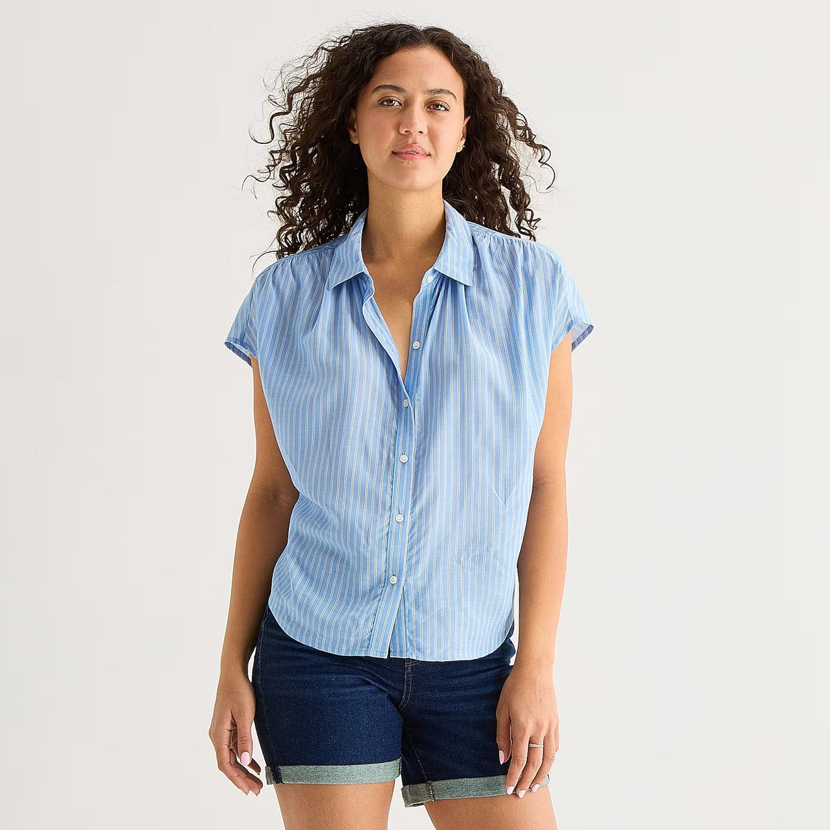 MSRP $44 A.N.A Womens L, XL Blue Stripe Short Sleeve Button-Down Shirt Blouse P