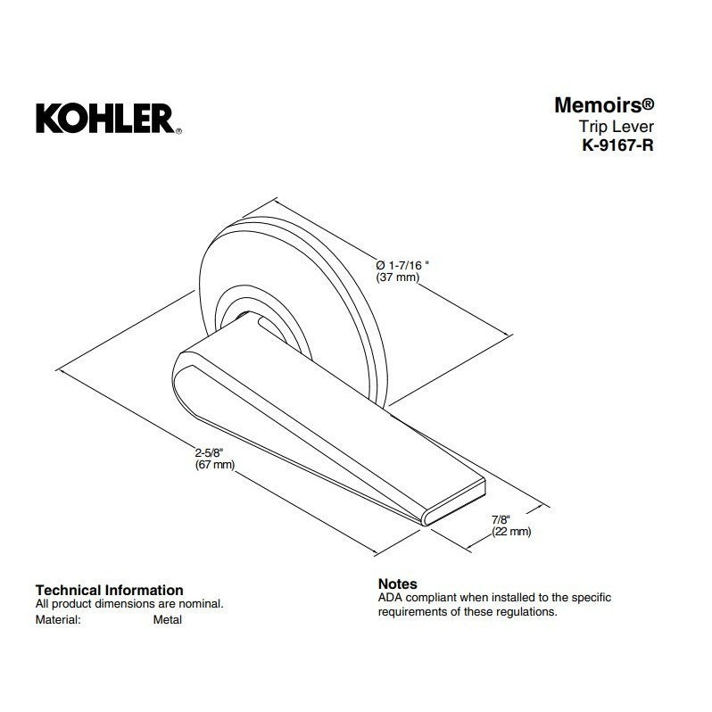 Kohler 9167-R-2BZ Memoirs Right Hand Trip Lever, Oil-Rubbed Bronze
