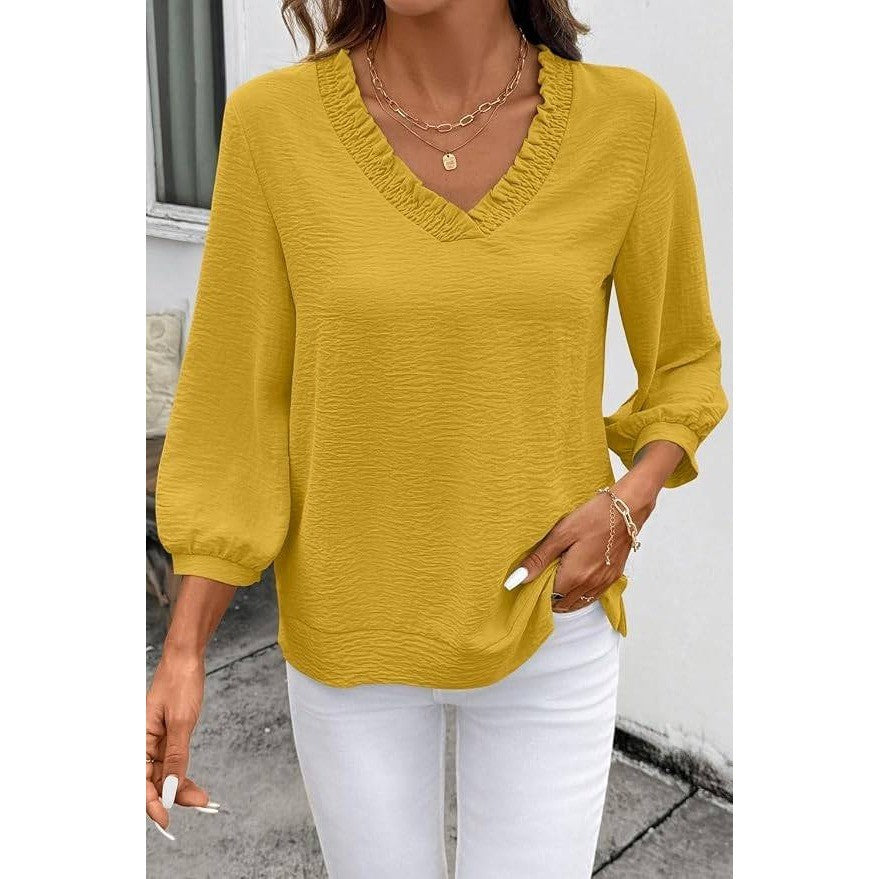 MSRP $18 SHEWIN Women's XL Smocked Neck Top 3/4 Sleeve Loose Fit Shirt Yellow