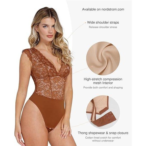 MSRP $72 Popilush Brown M Lace Body Suits Women's Tank Top Thong Shapewear Tu