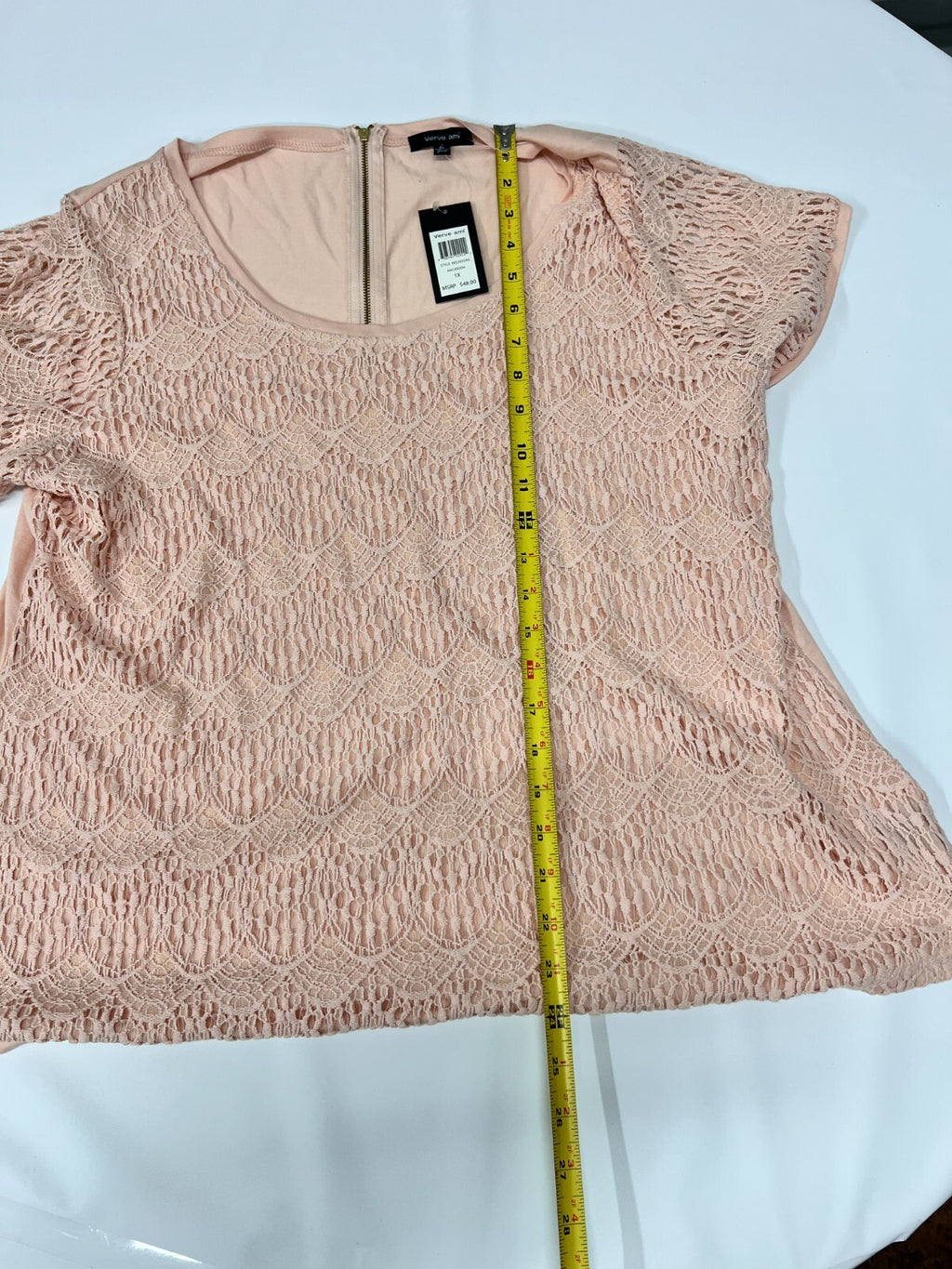 MSRP $48 Verve ami Blouse Women's Plus Sz 1X Lace Overlay Short Sleeve Peach Top