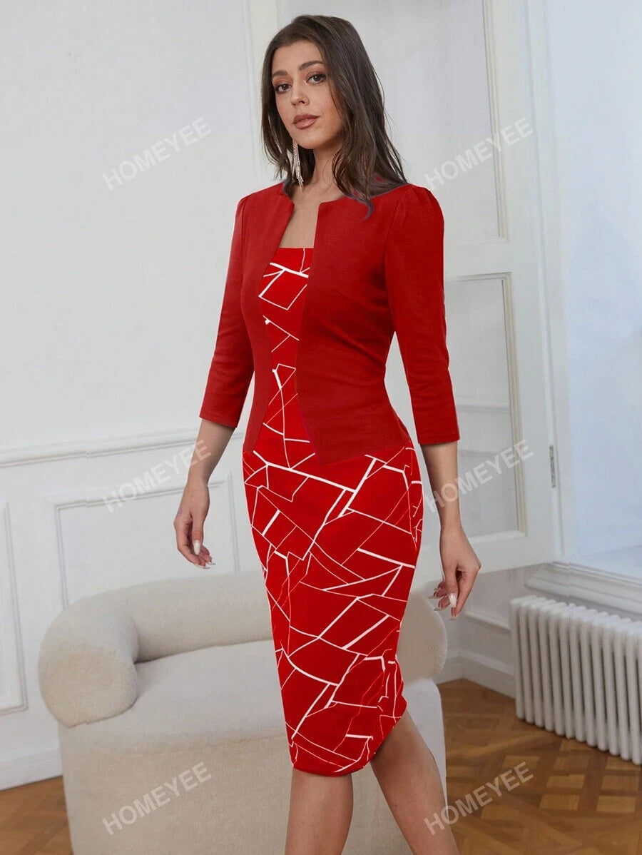 HOMEYEE Women's 2XL Printed Patchwork Elegant Striped Red Pencil Dress With 2 In