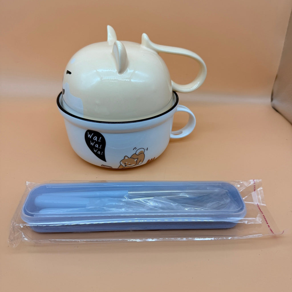 Shiba Inu Ceramic Ramen Bowl with Lid, Noodle Mug w/ Fork, Spoon & Chopsticks