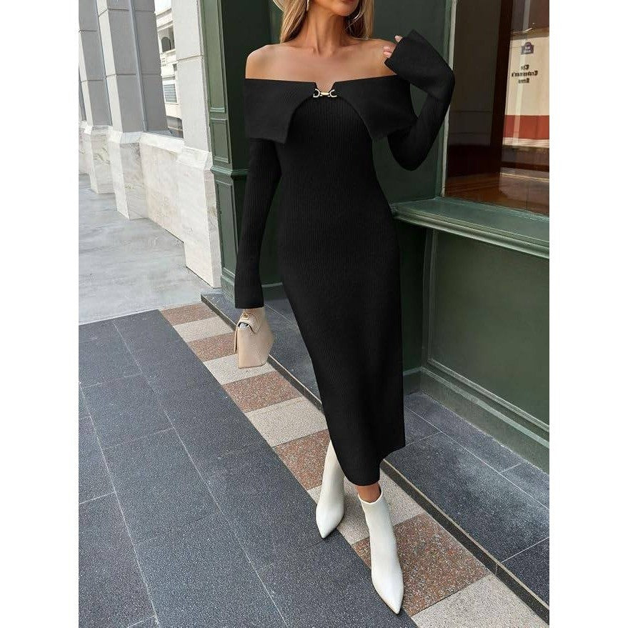 MSRP $50 Saodimallsu Women's S Black Off The Shoulder Maxi Sweater Dress Long