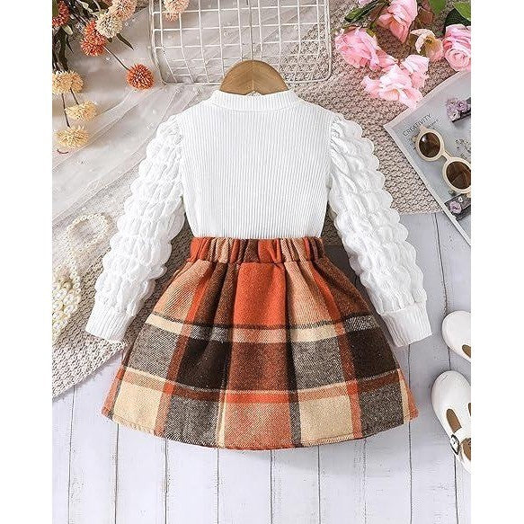 MSRP $25 Coaturi Girls 6Y Clothes Sets 2 Piece Puff Sleeve Tops Plaid Mini Skir