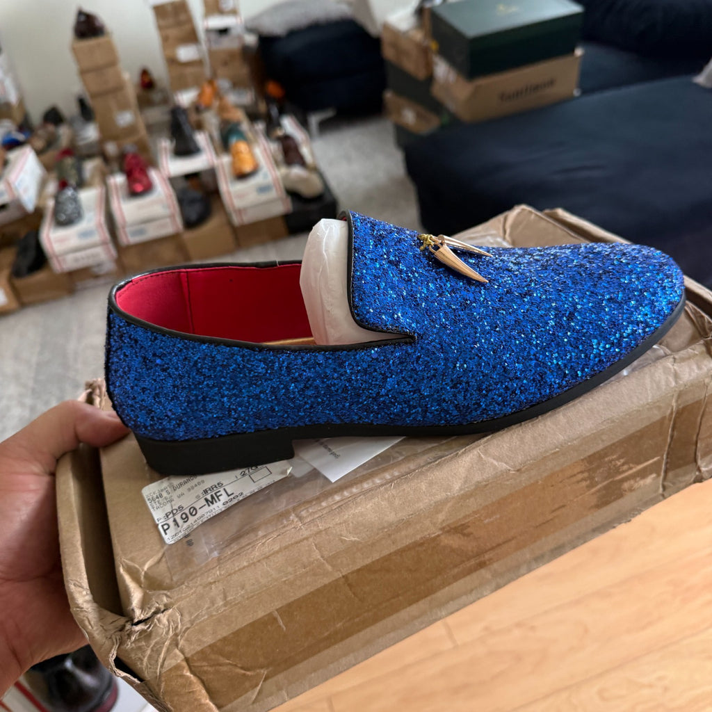 Santimon Men's US 9.5 Blue Glitter Sequin Slip On Loafers Tuxedo Suit Shoes