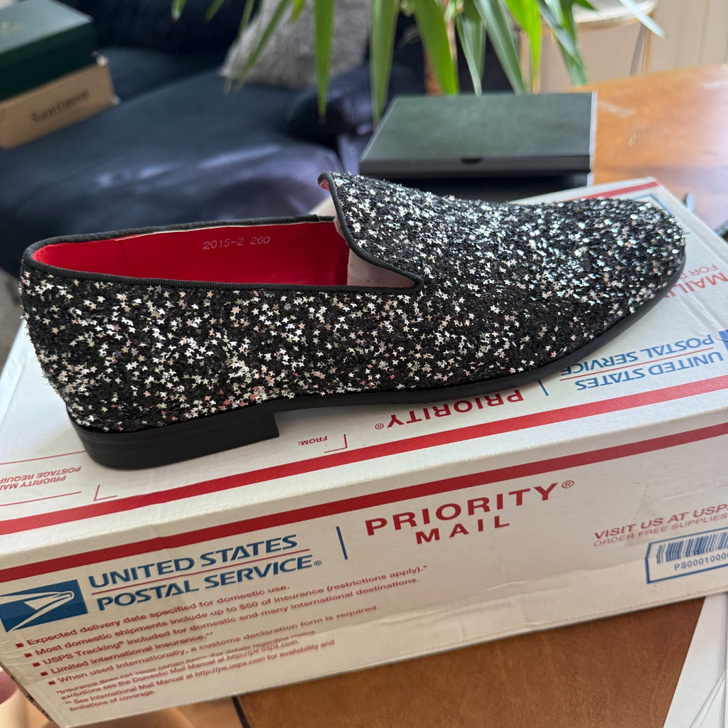 Santimon Mens US 8 - 11 Black Slip On Sequins Glitter Smoking Loafers Dress Shoe