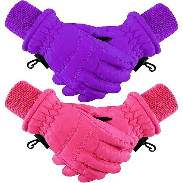 Set of 2 Boao Kids Winter Ski Gloves 5-10 Years Violet, Rose Red Waterproof Wa