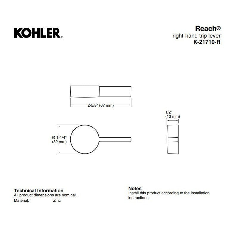 Kohler 21710-R-2BZ Reach Right Hand Trip Lever, Oil-Rubbed Bronze